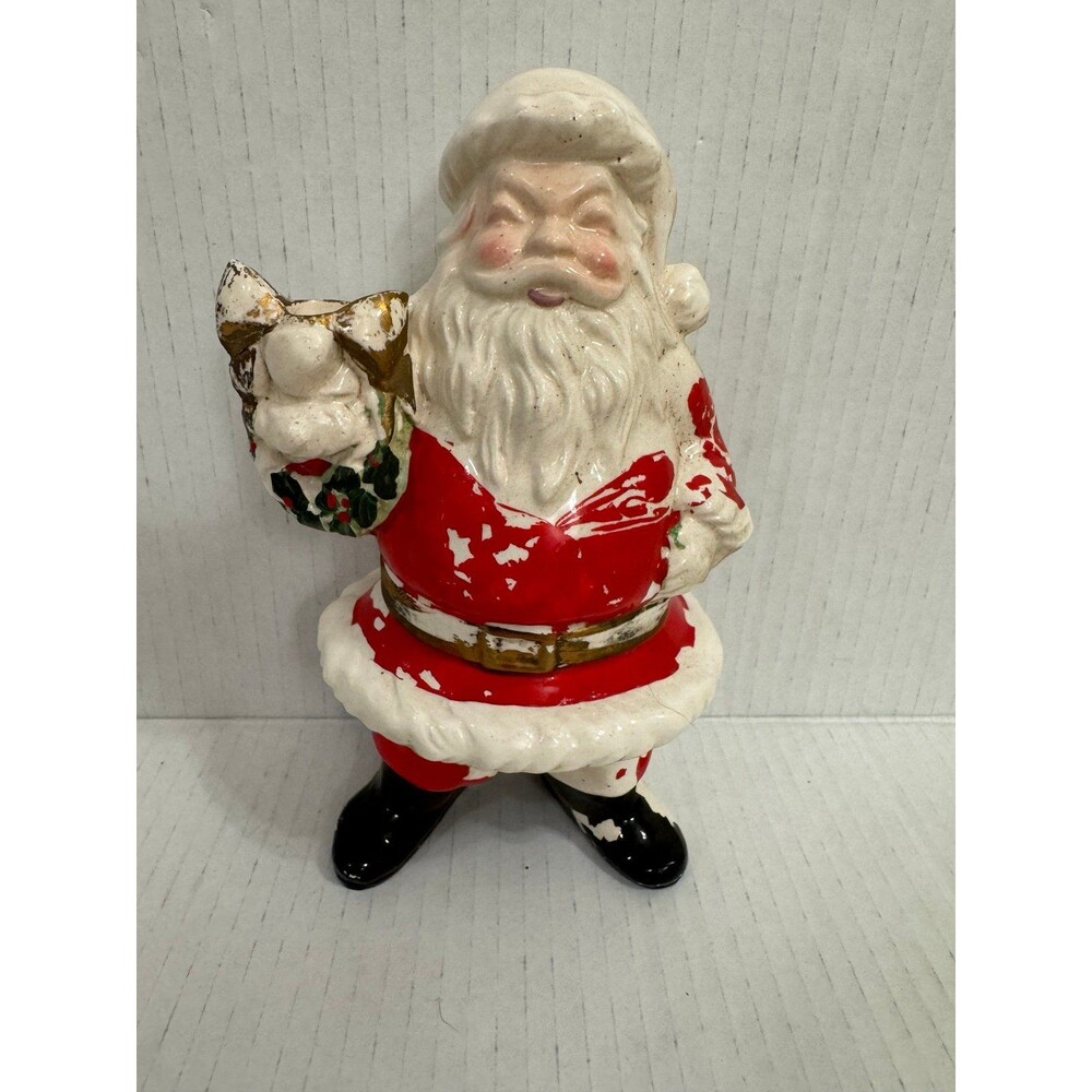 Vintage 50s Kreiss Santa Claus Wreath Ceramic Figure Taper Candle Holder MCM